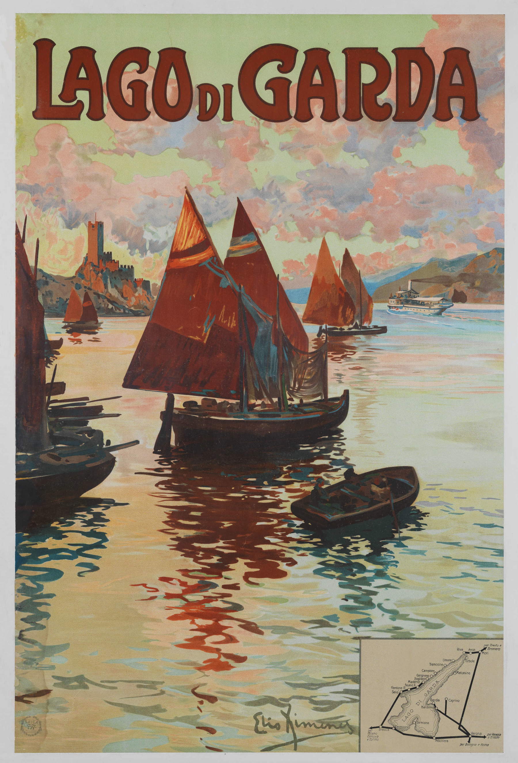 Elio Ximenes, Lago de Garda (S.A.I.G.A. FA Milán, 1900-1926; cromolitografía sobre papel, 100 x 70 cm; colección privada)