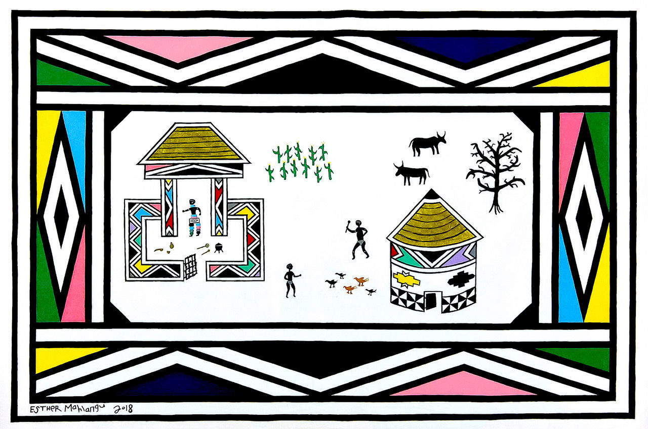 Esther Mahlangu, Ndebele Dwelling (2018; acrilico su tela, 100 x 150 cm). Su gentile concessione  di LIS10 Gallery