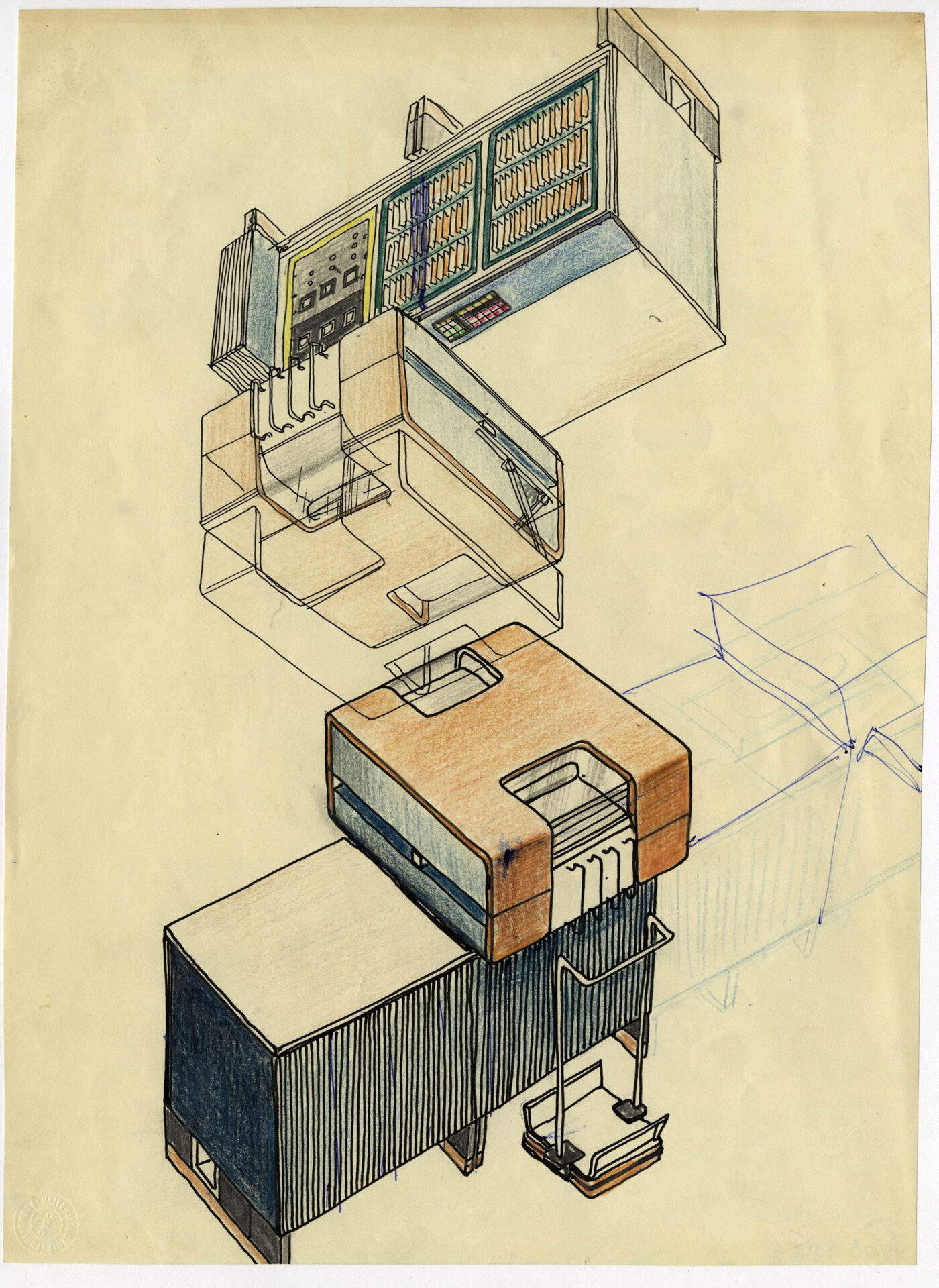 Ettore Sottsass, Estudios para Elea clase 9000, axonometría para configuración de teletipo (1959; pluma, tinta china, pastel y lápiz de cera sobre papel; Centro Studi e Archivio della Comunicazione (CSAC) - Universit&agrave; degli Studi di Parma) &copy; Ettore Sottsass Heredero, por SIAE 2026