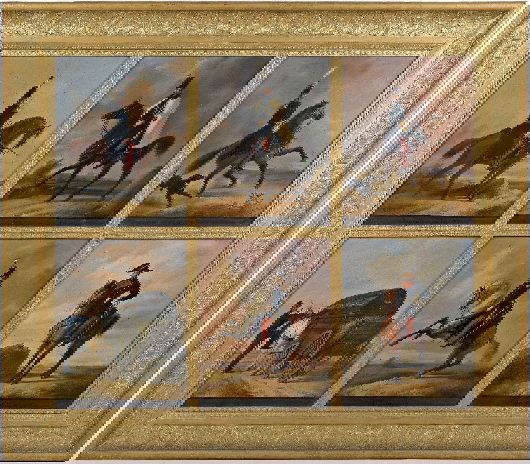 Faustino Joli, Uniformen der Bologneser Legion (auch Bignami-Legion genannt): Oberstleutnant, marschierender hoher Offizier, Oberst, Zug, Major, Stabsarzt (um 1849; Öl auf Karton, vergoldetes Holz, 74 x 87,5 cm; Bologna, Museo civico del Risorgimento, Inv. 2080)