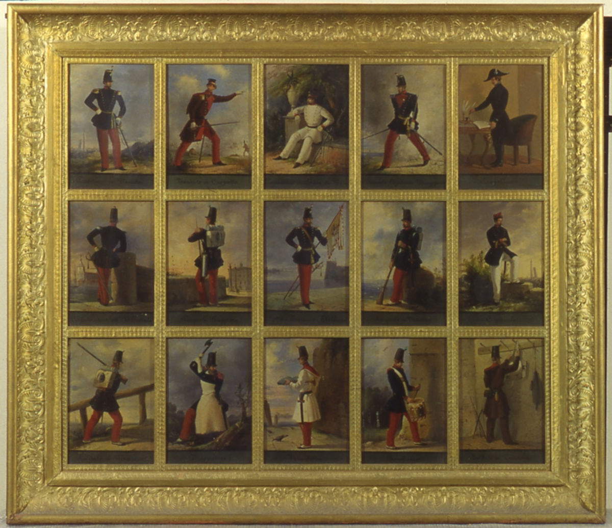 Faustino Joli, Uniformen der Bologneser Legion (auch bekannt als Legion Bignami): Hauptmann im Kleid, Leutnant im Mantel, Hauptmann in Stoffuniform, Oberleutnant Ajutant, Kaplan, Unteroffizier Ajutant, Unterleutnant Fähnrich, Feldwebel im Kleid, Korporal, Soldat im Marsch, Zappatore, Bandista, Trommler, Soldat in der Kaserne (um 1849; Öl auf Karton, vergoldetes Holz, 75 x 87 cm; Bologna, Museo civico del Risorgimento, Inv. 2081)