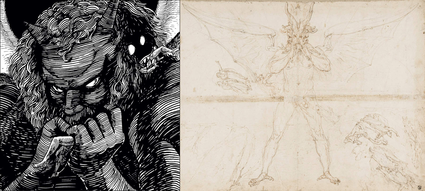 Federico Zuccari, Nono cerchio: Lucifero (&lsquo;Inferno&rsquo;, canti XXXII-XXIV) (Pietra nera, pietra rossa, penna e inchiostro su carta, 440 x 595 mm)