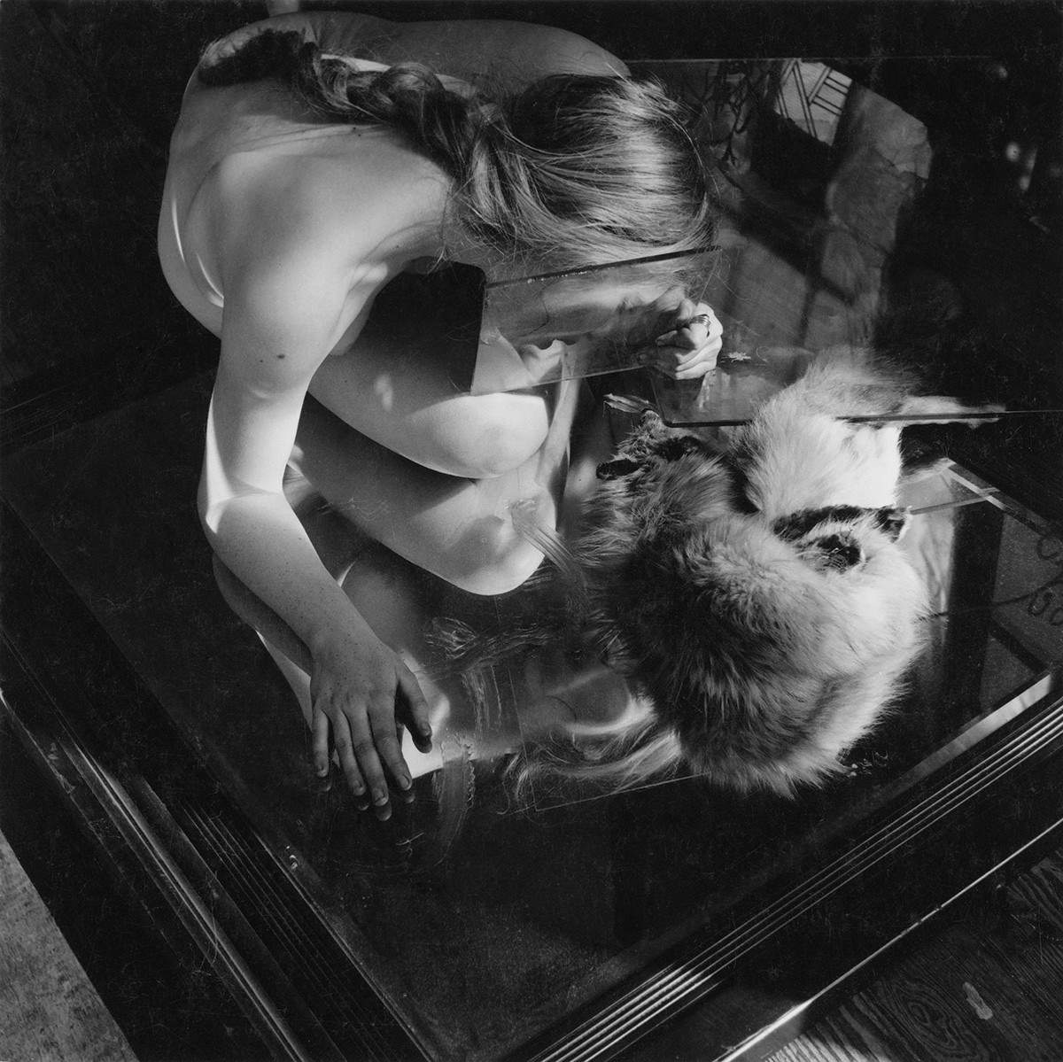 Francesca Woodman, Untitled or #4 from a Series Dissection of a Portrait (1976; lifetime gelatin silver print mounted on mat board, sheet 14.7 x 14.7 cm, mat board 35.5 x 27.9 cm) &copy; Woodman Family Foundation/SIAE, Rome. Courtesy the Foundation and Gagosian