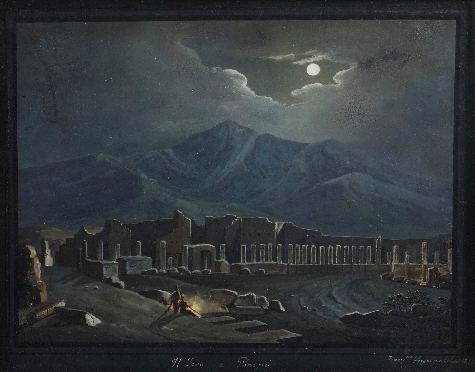 Francesco Fergola, Notturno con veduta dei fori a Pompei (gouache su carta, 225x285 cm; Genova, Collezione privata) Foto: Cambi