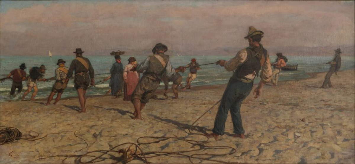 Francesco Gioli, Pesca a sciabica (1887; olio su tela, 80 X 140 cm; Collezione privata). Su gentile concessione di '800/900 Artstudio, Livorno-Lucca