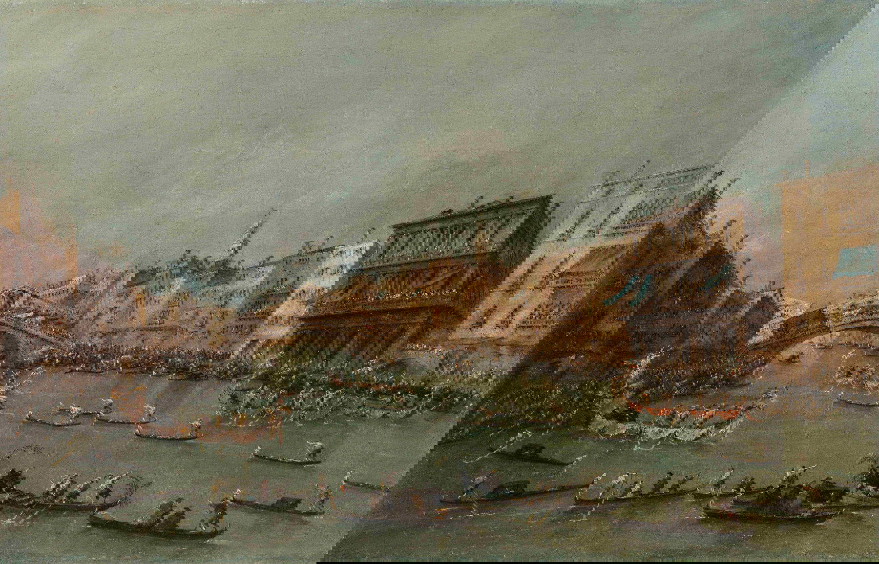 Francesco Guardi , La regata en el Gran Canal cerca del puente de Rialto (Óleo sobre lienzo, 45,1 &times; 69,2 cm; Lisboa, Museo Calouste Gulbenkian, inv. 389) &copy; Calouste Gulbenkian Museum. Foto: Catarina Gomes Ferreira.