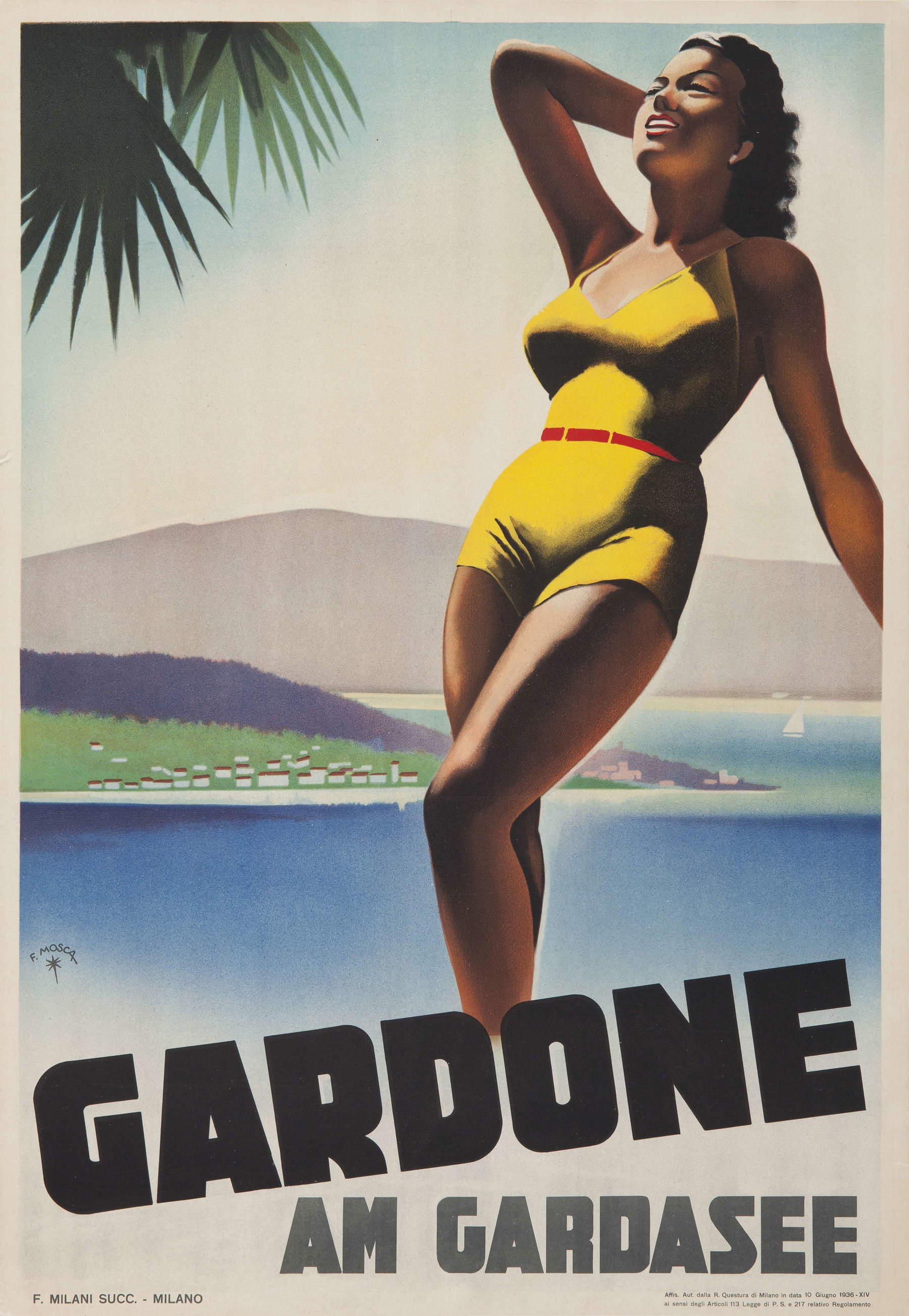 Franco Mosca, Gardone, a orillas del lago de Garda (F. Milani, sucursal de Milán, 1936; cromolitografía sobre papel, 100 x 69 cm; Riva del Garda, MAG)