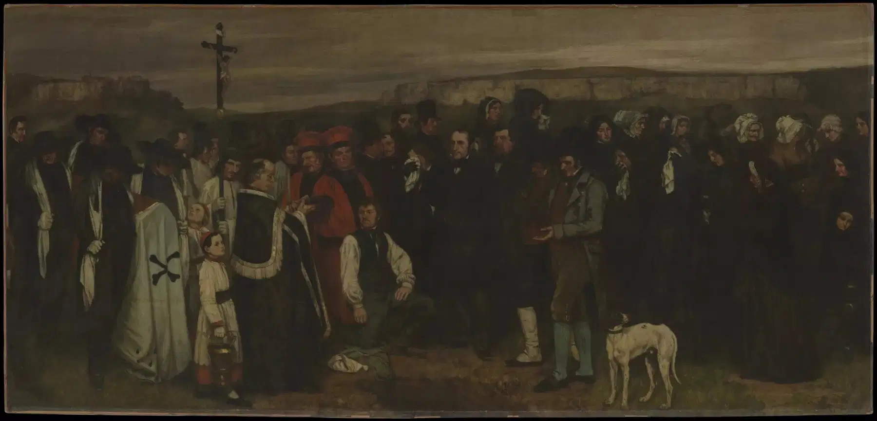 Photograph of Gustave Courbet’s painting *A Funeral at Ornans* in reflected light before restoration &copy; C2RMF Laurence Clivet and Alexis Komenda