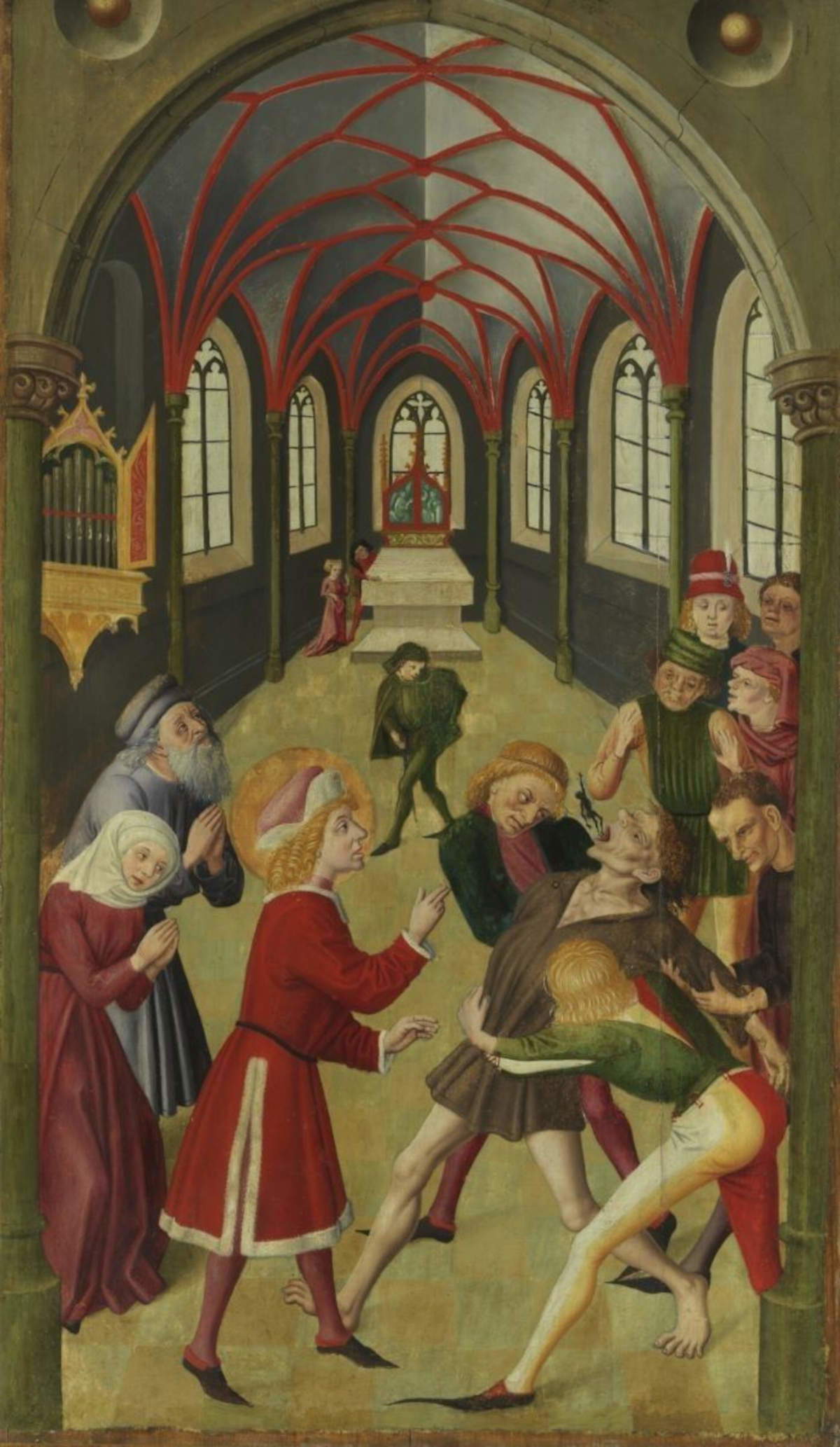 Gabriel M&auml;lesskircher zugeschrieben, Der heilige Vitus heilt einen Besessenen (1474; Ölgem&auml;lde auf Holz; Colmar, Mus&eacute;e Unterlinden)