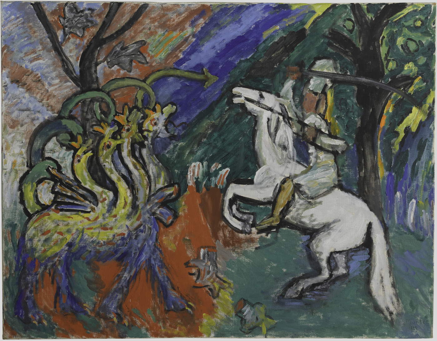 Gabriele M&uuml;nter, Drachenkampf (Combat du dragon) (1913; olio su tela, 78 x 100 cm; Parigi, Centre Pompidou, Mus&eacute;e national d&rsquo;art moderne &ndash; Centre de cr&eacute;ation industrielle)