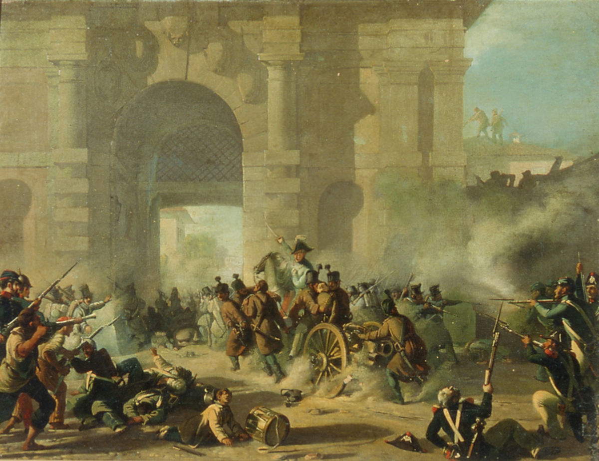 Gaetano Belvederi, Die Schlacht vom 8. August 1848 in Bologna (um 1848; Öl auf Leinwand, 59 x 76 cm, Bologna, Museo civico del Risorgimento, Inv. 2082)
