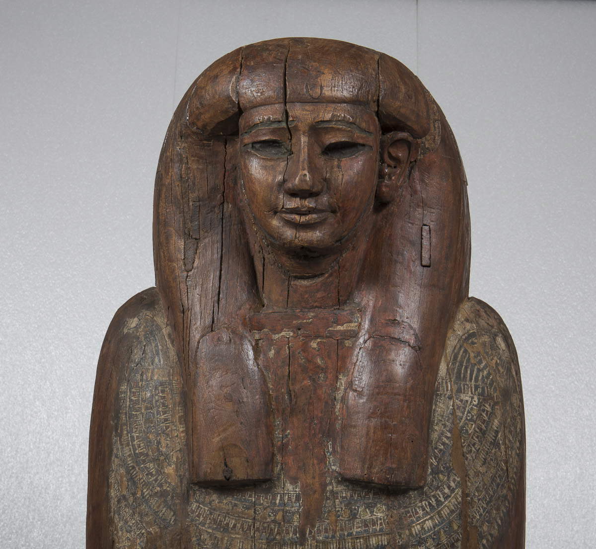 Anthropomorphic sarcophagus of Peftjauauiaset (Stuccoed and painted tamarisk wood, Case (qersu) made of sycamore wood, stuccoed and painted E 0.9.40148; XXV-XXVI dynasty, ca. 712-525 BCE; Provenance unknown, Acerbi Gift)