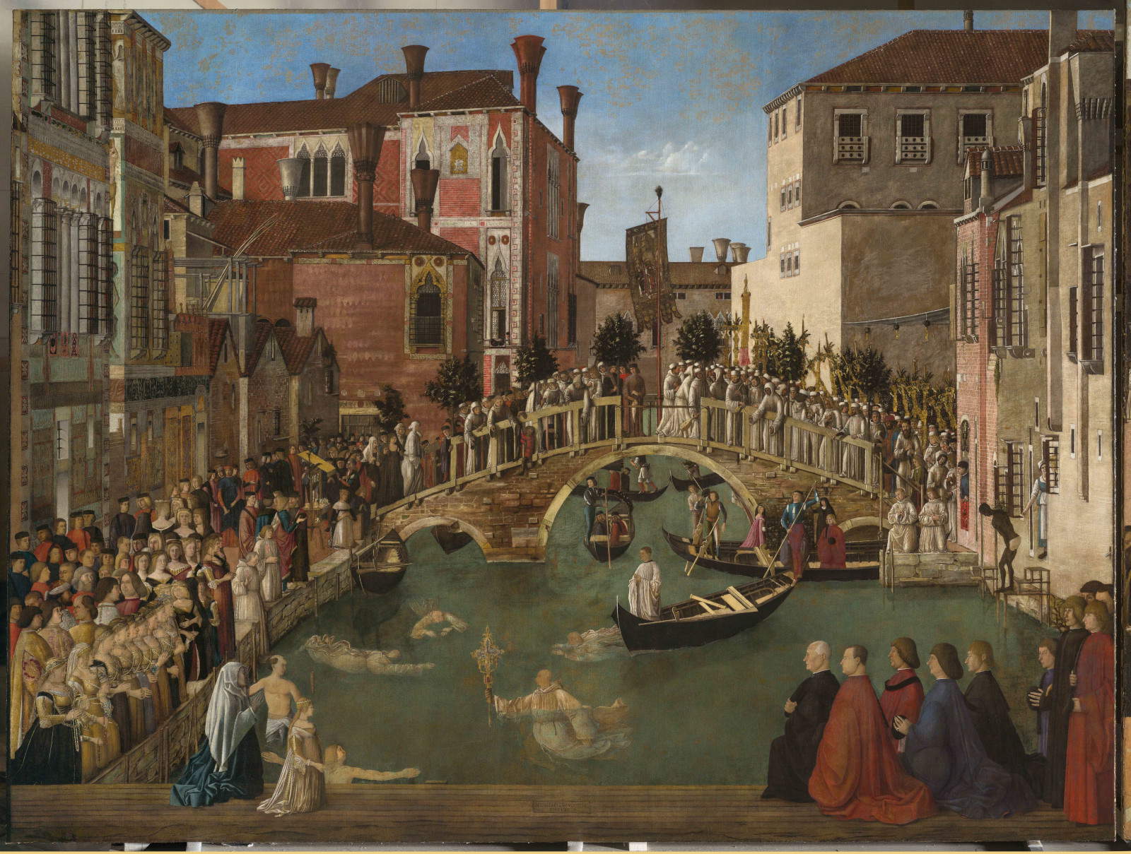 Gentile Bellini, «El milagro de la reliquia de la Cruz en el puente de San Lorenzo», tras su restauración (1500; óleo sobre lienzo, 326 x 435 cm; Venecia, Galerías de la Academia, Sala XX). Por cortesía del Ministerio de Cultura. Foto: Matteo De Fina