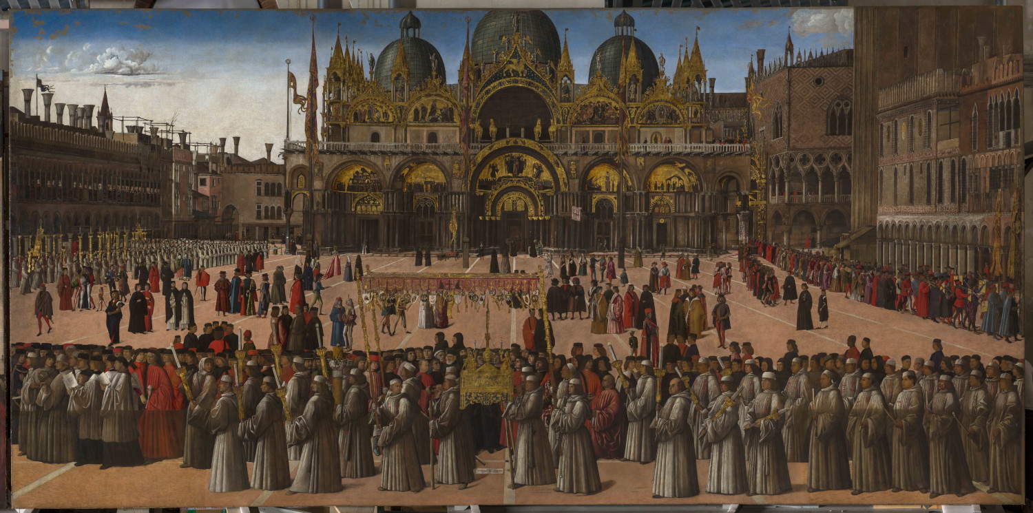 Gentile Bellini, «Procesión en la plaza de San Marcos», tras la restauración (1496; óleo sobre lienzo, 373 x 745 cm; Venecia, Galerías de la Academia, Sala XX). Por cortesía del Ministerio de Cultura. Foto: Matteo De Fina
