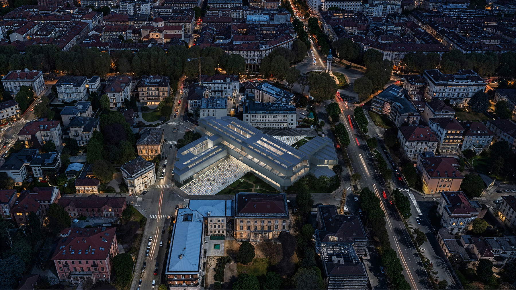 DIE LICHTDIAGONALE &ndash; Eine städtische Durchquerung innerhalb des Stadtviertels; GAM &ndash; Städtische Galerie für moderne und zeitgenössische Kunst in Turin. Architekturentwurf: MVRDV + BALANCE. Bildnachweis: MVRDV