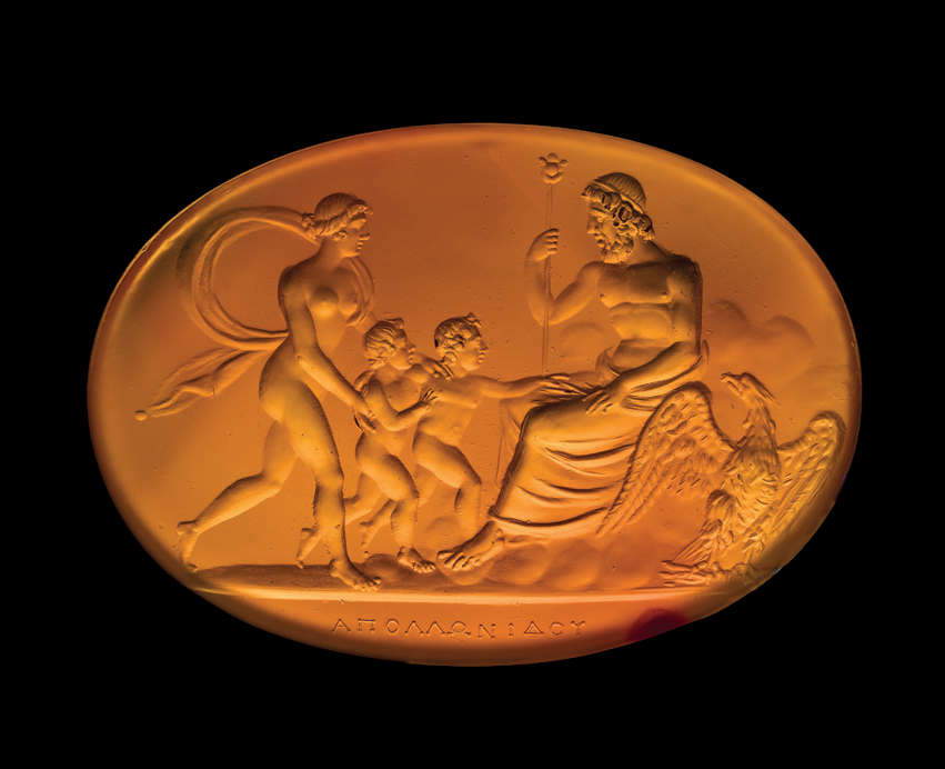 Calliroe pleads with Zeus, accompanied by two of her sons (Rome, 1803/1804–1826; carved carnelian, 25.8 &times; 36.8 mm). Inscription: “&Alpha;&Pi;&Omicron;&Lambda;&Lambda;&Omega;&Nu;&Iota;&Delta;&Omicron;&Upsilon;” (APOLLONIDOU)