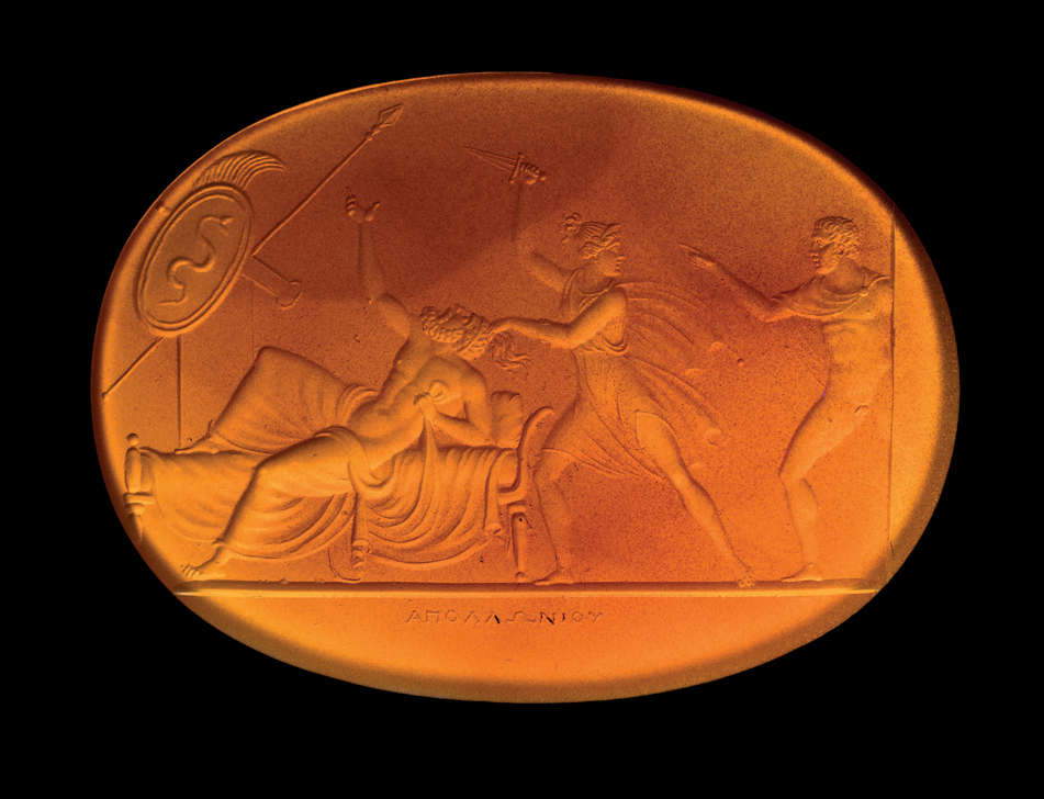 The Murder of Agamemnon by Clytemnestra (Rome, 1803/1804–1826; carved carnelian, 30.5 &times; 41.9 mm). Inscription: “&Alpha;&Pi;&Omicron;&Lambda;&Lambda;&Omega;&Nu;&Iota;&Omicron;&Upsilon;” (APOLLONIOU)