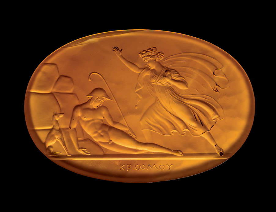Cybele and Attis (Rome, 1803/1804–1826; carved carnelian, 26.7 &times; 40 mm). Inscription: “&Kappa;&Rho;&omega;&Mu;&Omicron;&Upsilon;” (KROMOU)