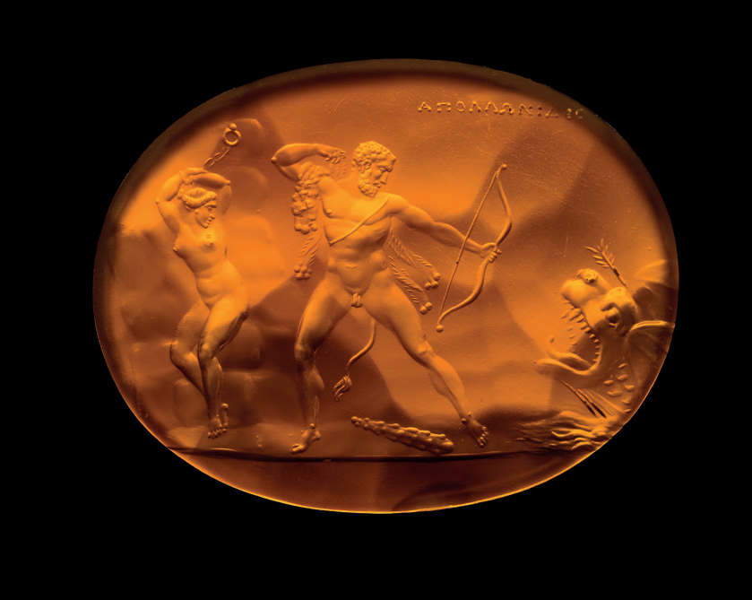Heracles frees the Trojan princess Esione from the sea monster (Rome, 1803/1804–1826; carved carnelian, 27 &times; 34.6 mm). Inscription: “&Alpha;&Pi;&Omicron;&Lambda;&Lambda;&Omega;&Nu;&Iota;&Delta;EC” (APOLLONIDES)