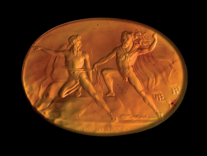 Heracles and Poseidon (Rome, 1803/1804–1826; carved carnelian, 26.7 &times; 37 mm). Inscription: “&Alpha;&Pi;&Omicron;&Lambda;&Lambda;&Omega;&Nu;&Iota;&Delta;&Omicron;&Upsilon;” (APOLLONIDOU)
