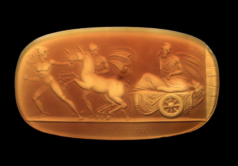 Hermes driving a chariot with Coronides and Coroneus (Rome, 1803/1804–1826; carved carnelian, 23.9 &times; 43 mm). Inscription: “&Pi;&Omicron;&Lambda;&Upsilon;&Kappa;&Lambda;&Epsilon;&Iota;&Tau;&Omicron;&Upsilon;” (POLYCLEITOU)
