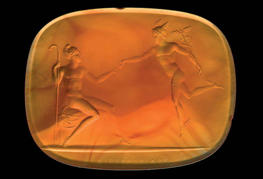Hermes and Paris (Rome, 1803/1804–1826; carved carnelian, 29.6 &times; 38.5 mm). Inscription: “&Delta;&Iota;&Omicron;C&Kappa;&Omicron;&Upsilon;&Rho;&Iota;&Delta;&Omicron;&Upsilon;” (DIOSKOURIDOU)