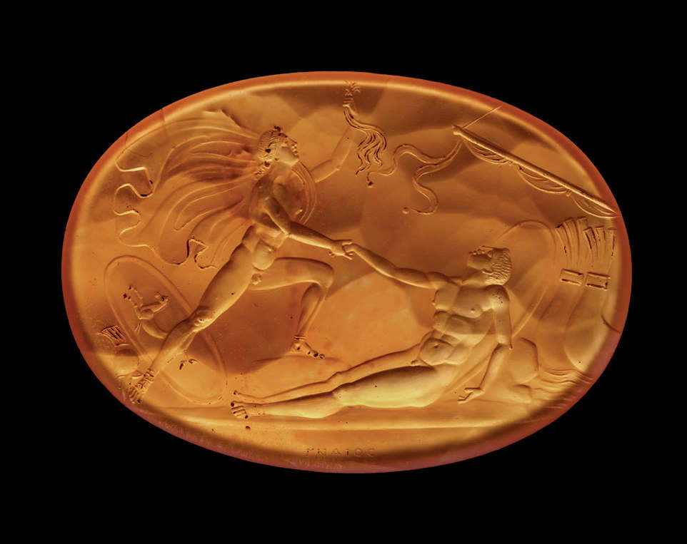 Mezenzio swears to avenge the death of Lauso (Rome, 1803/1804–1826; carved carnelian, 30 &times; 42.3 mm). Inscription: “&Gamma;&Nu;&Alpha;&Iota;&Omicron;C” (GNAIOS)