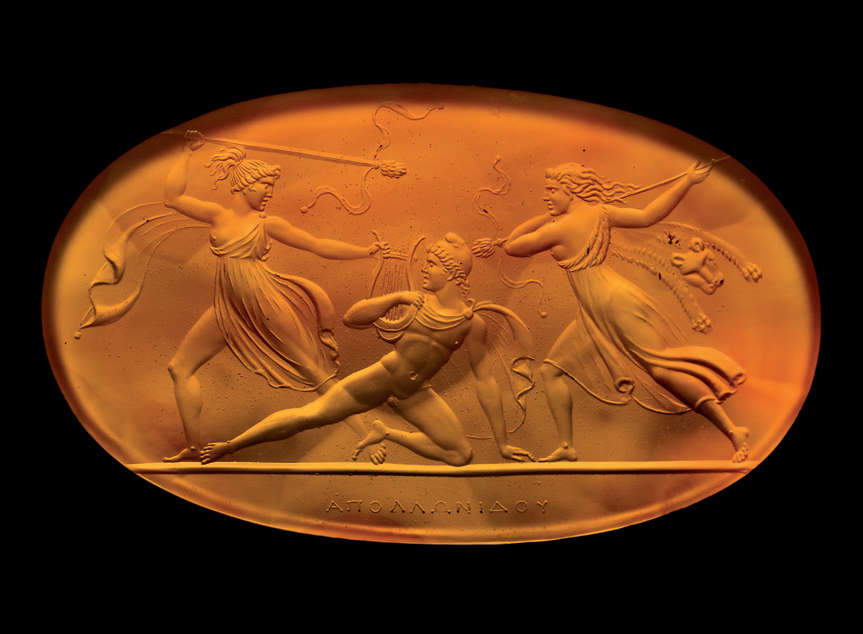Orpheus and the Bacchae (Rome, 1803/1804–1826; carved carnelian, 25.6 &times; 41.3 mm). Inscription: “&Alpha;&Pi;&Omicron;&Lambda;&Lambda;&Omega;&Nu;&Iota;&Delta;&Omicron;&Upsilon;” (APOLLONIDOU)
