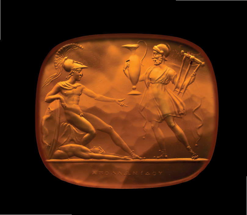 Priamo implores Achilles to return Hector’s body (Rome, 1803/1804–1826; carved carnelian, 27 &times; 31.8 mm). Inscription: “&Alpha;&Pi;&Omicron;&Lambda;&Lambda;&Omega;&Nu;&Iota;&Delta;&Omicron;&Upsilon;” (APOLLONIDOU)