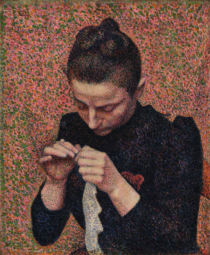 Georges Lemmen, Jeune femme faisant du crochet (Julie Lemmen) (1890; óleo sobre lienzo, 45,7 x 38,1 cm)