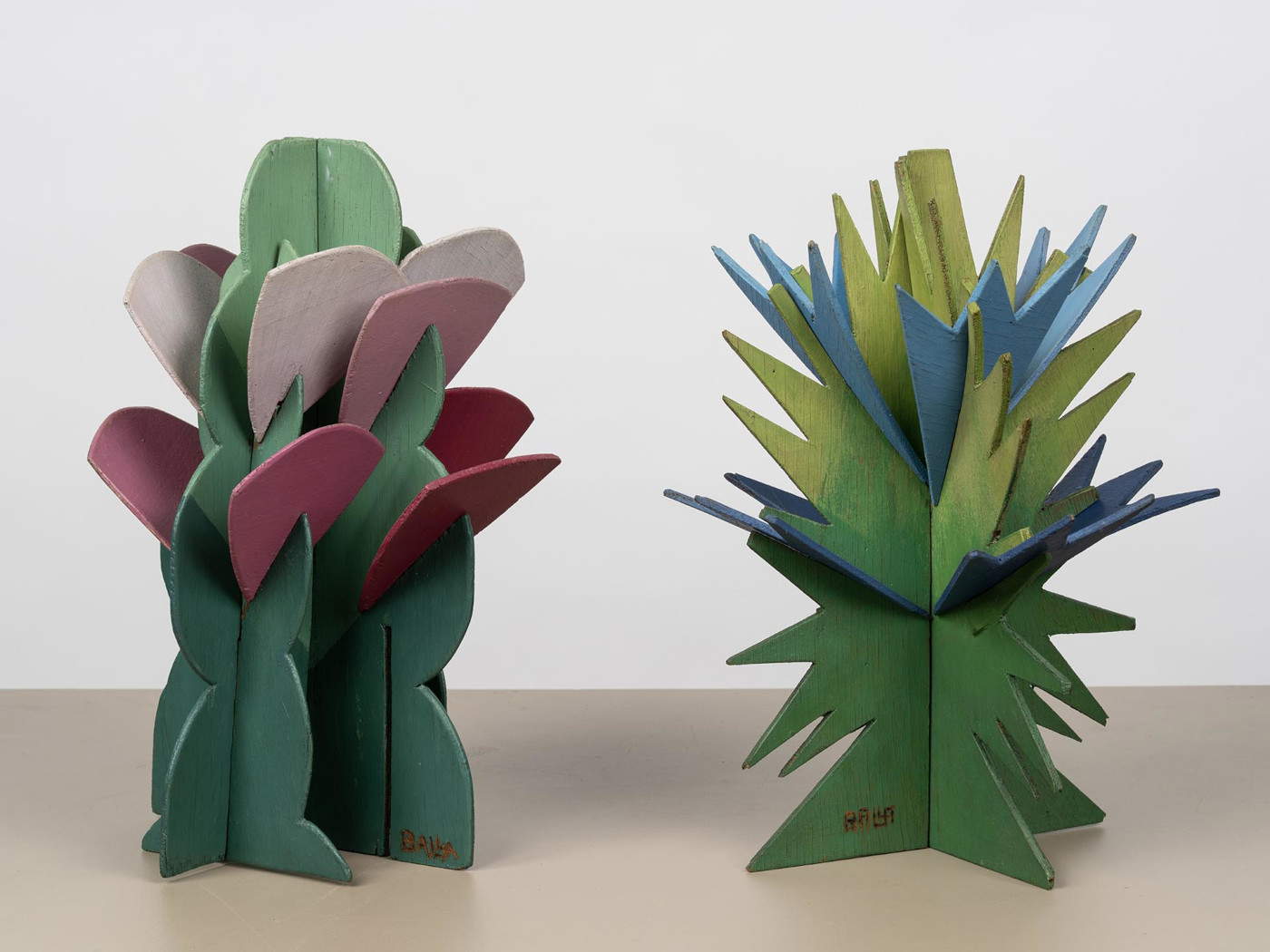 Giacomo Balla, Tree and Rose (circa 1918; pair of painted wooden sculptures, height: 32.4 cm; 33 cm; engraved signature on both: Balla)