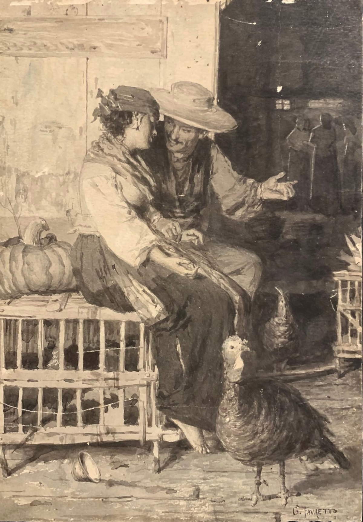 Giacomo Favretto, *Love Among the Chickens*. Estimated value between 1,800 and 2,200 euros.