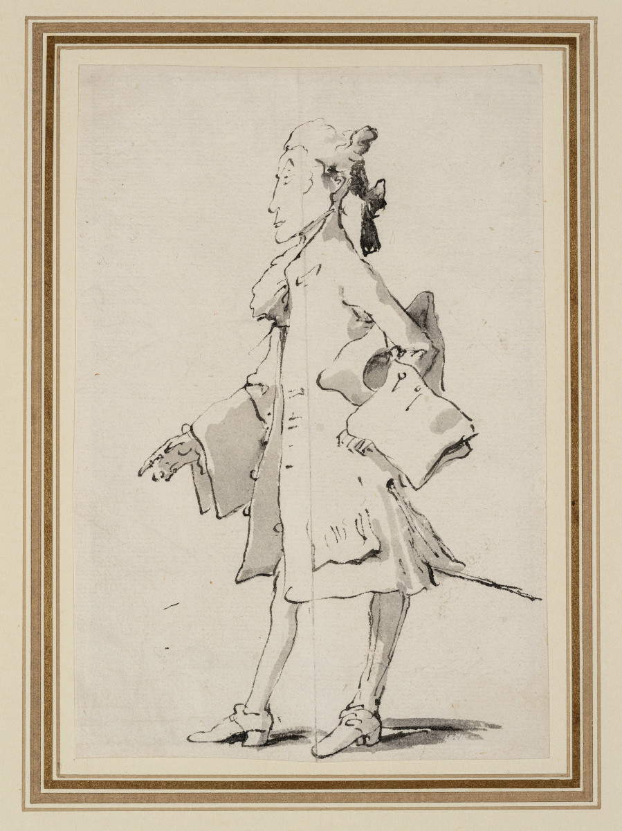 Giambattista Tiepolo, Caricature d'un gentilhomme portant un tricorne sous le bras (plume et encre noire, aquarellée en gris)