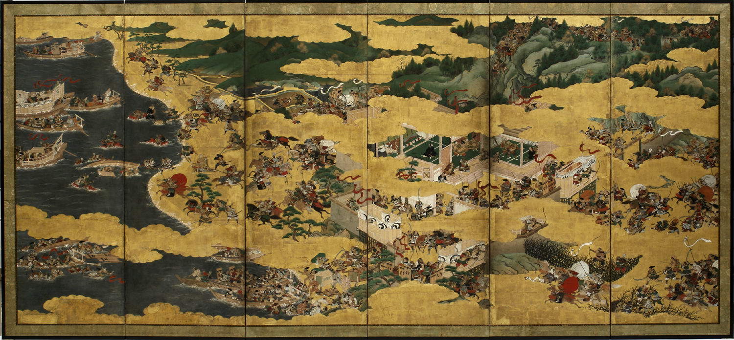 Die Schlachten von Ichinotani und Yashima (Japan, erste Hälfte des 17. Jahrhunderts; Tusche, Mineralfarben und Blattgold auf sieben Lagen Papier. Einfassung aus Damastseide. Rahmen auf lackiertem Holzrahmen der Zeit, mit Original-Bronzebeschlägen)