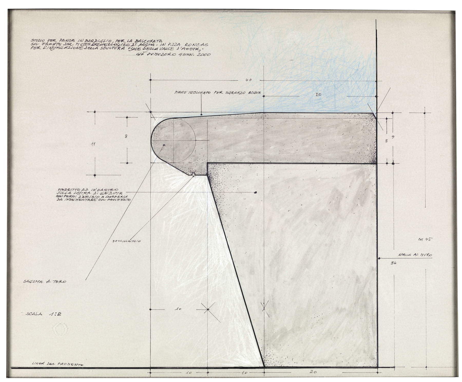 Gio' Pomodoro, Vorbereitungszeichnung für Sole caduto Aosta (1998-2002; Tusche auf Papier, 34,7 x 42 cm; Ch&acirc;tillon, Schloss Gamba, Inv. 458/d AC) &copy; Schloss Gamba