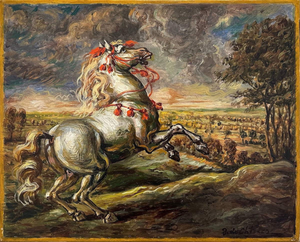 Giorgio De Chirico, Cavallo scalpitante nel paesaggio (années 1950 ; huile sur toile, 40 x 50 cm ; collection privée)