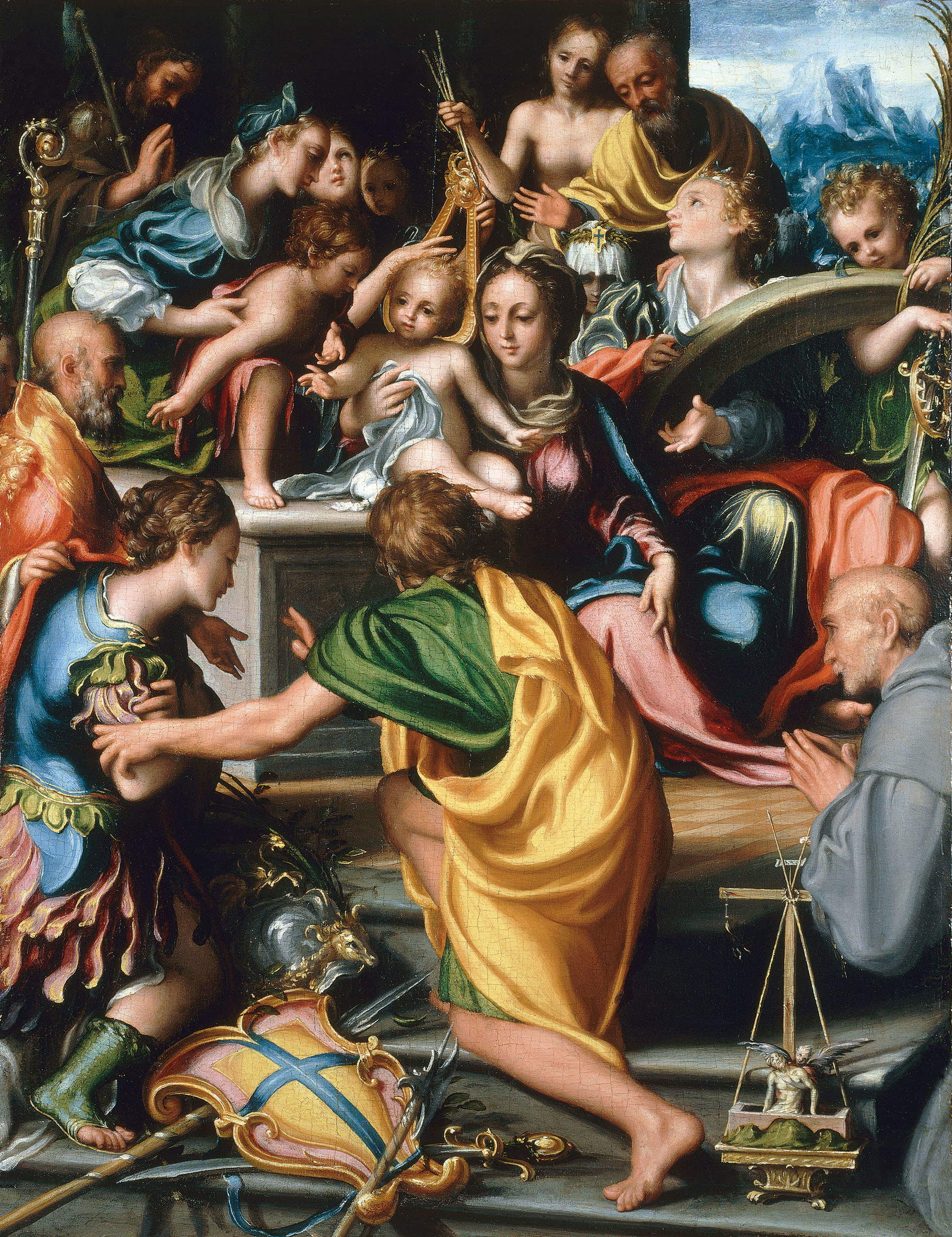 Giorgio Gandini del Grano, „Die Stadt Parma vor der Jungfrau Maria“ (Anfang des 16. Jahrhunderts – 1538; Öl auf mit Leinwand grundierter Holztafel, 56 x 43 cm; Parma, Galleria Nazionale, Pilotta-Komplex)