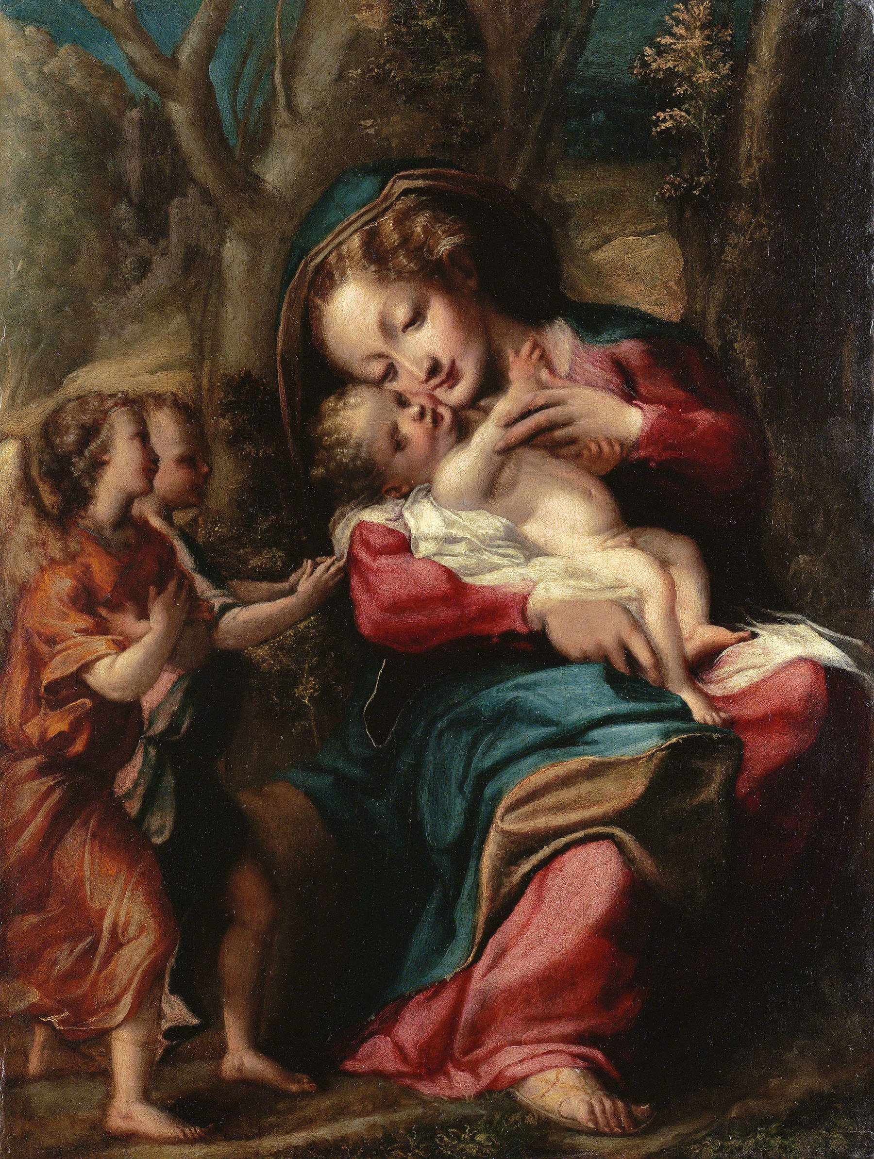 Giorgio Gandini del Grano, Madonna mit Kind und zwei Engeln (Öl auf Holz, 44 x 33,5 cm; London, Daniel Katz Gallery, Inv. 2239)