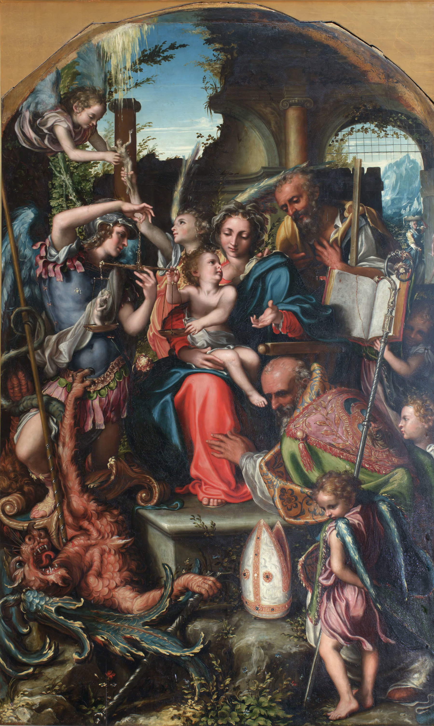 Giorgio Gandini del Grano, Die Heilige Familie mit dem Erzengel Michael, Bernhard von Clairvaux und Engeln (1534–1535; Öl auf Holz, 251 × 151 cm; Parma, Galleria Nazionale, Pilotta-Komplex)