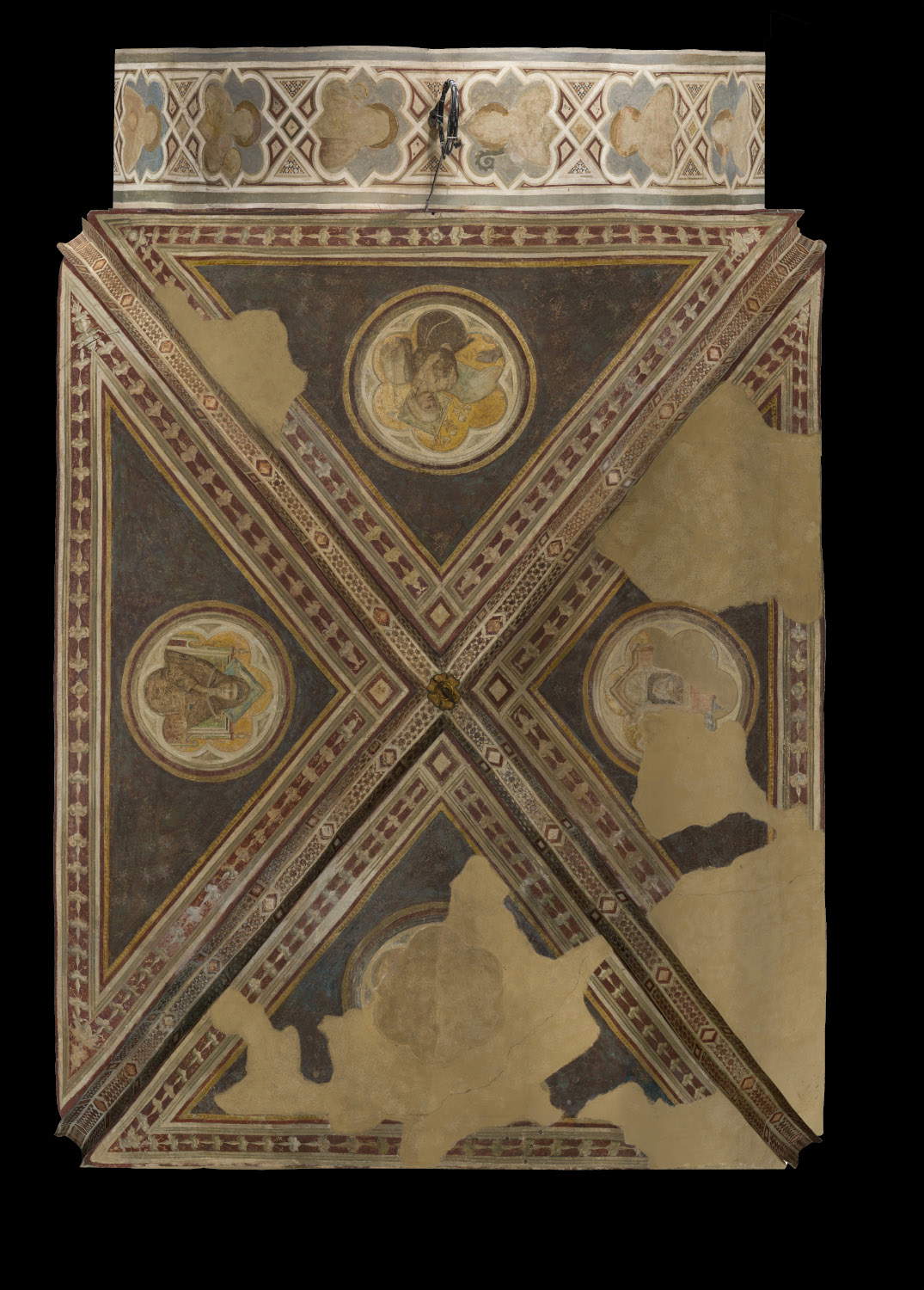 Volta della cappella con Virt&ugrave; francescane, prima del restauro