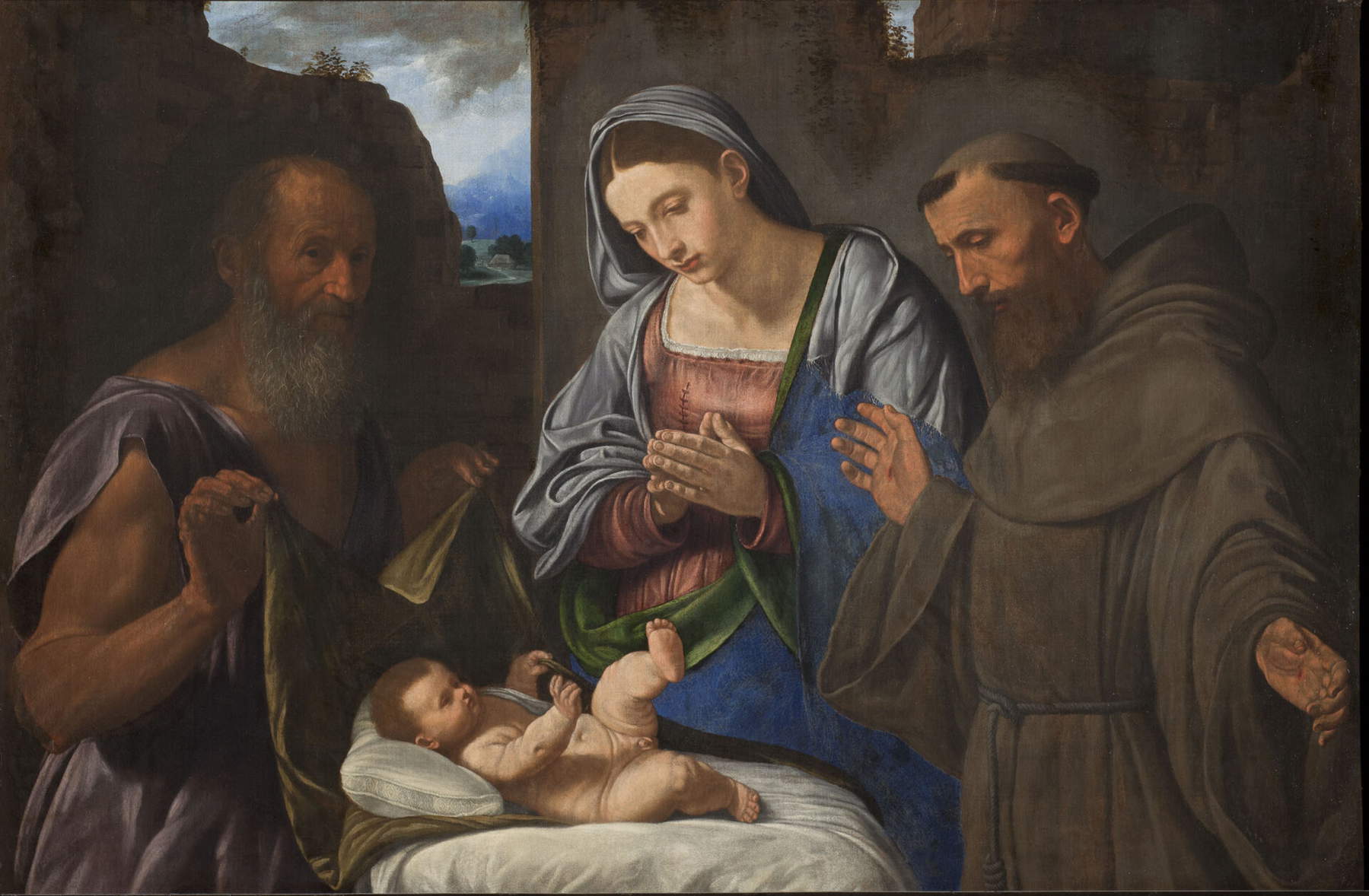 Giovan Girolamo Savoldo, L&rsquo;Adorazione del Bambino tra san Girolamo e san Francesco d&rsquo;Assisi (1525-1530; olio su tavola, Torino, Musei Reali &ndash; Galleria Sabauda) &copy;Musei Reali di Torino