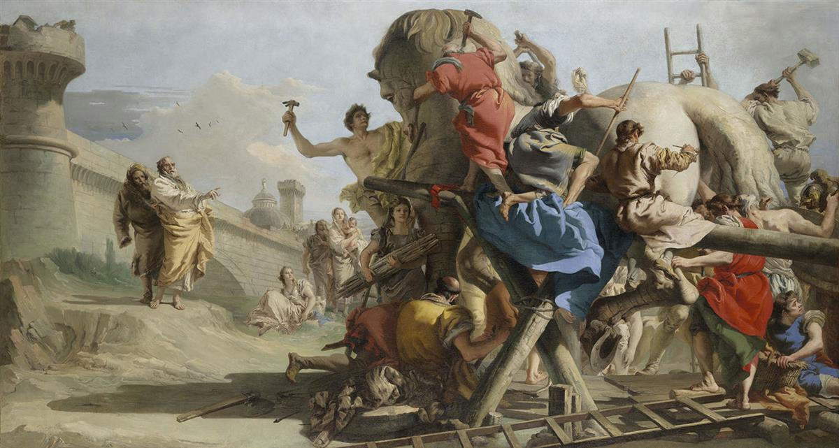 Giovanni Domenico Tiepolo, La construction du cheval de Troie (vers 1760 ; huile sur toile, 38,8 x 66,7 cm ; Londres, The National Gallery)