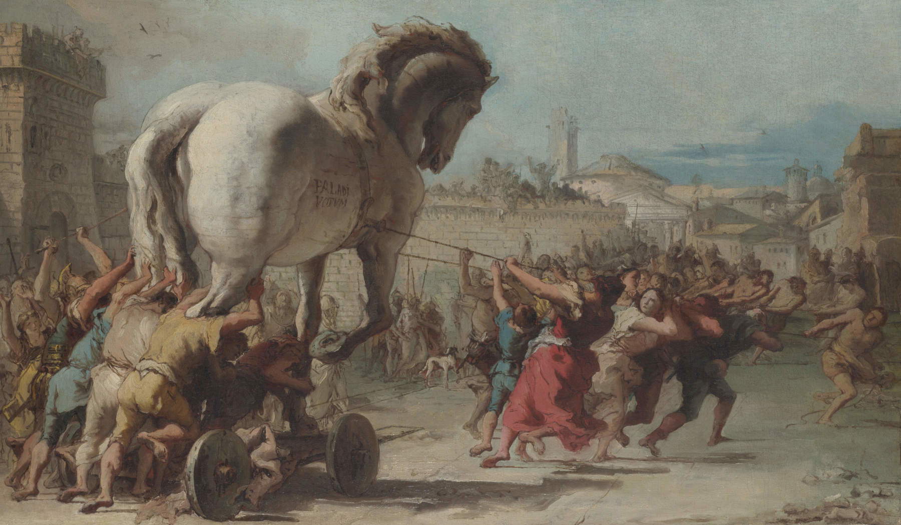 Giovanni Domenico Tiepolo, La procession du cheval de Troie à l'intérieur de Troie (vers 1760 ; huile sur toile, 38,8 x 66,7 cm ; Londres, The National Gallery)