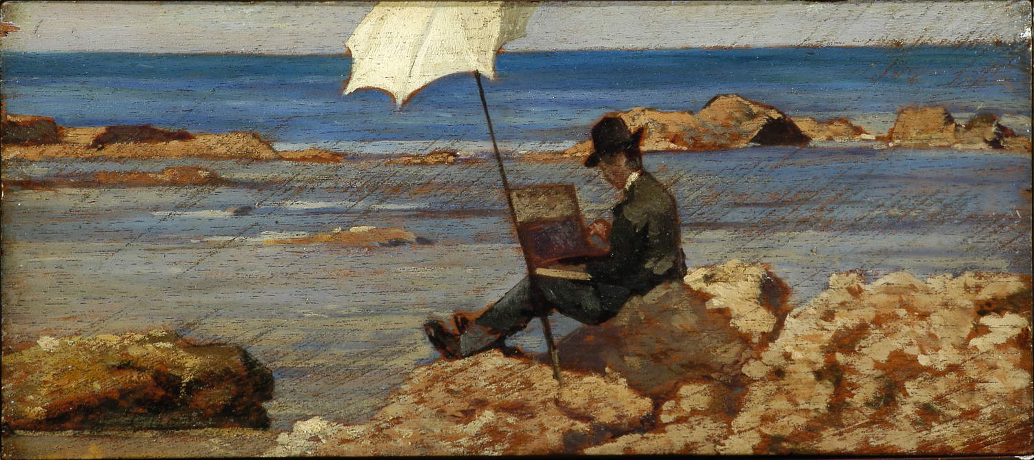 Giovanni Fattori, *Silvestro Lega Painting on the Rocks* (circa 1866; oil on panel; private collection). Courtesy of Gallerie Maspes, Milan