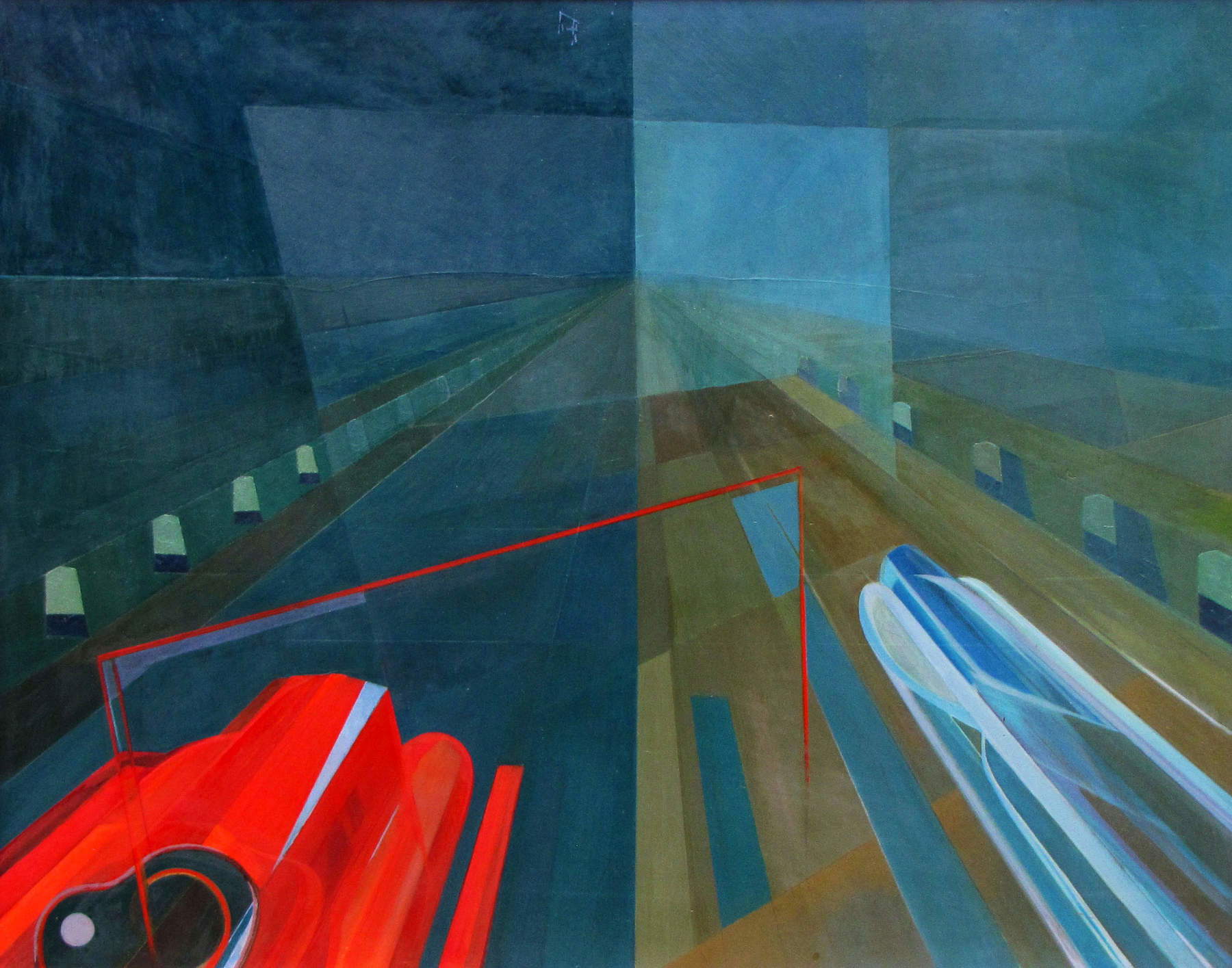 Giovanni Korompay, Bolidi + strada (1933; olio su tavola; Rovereto, Fondazione Giovanni Korompay)