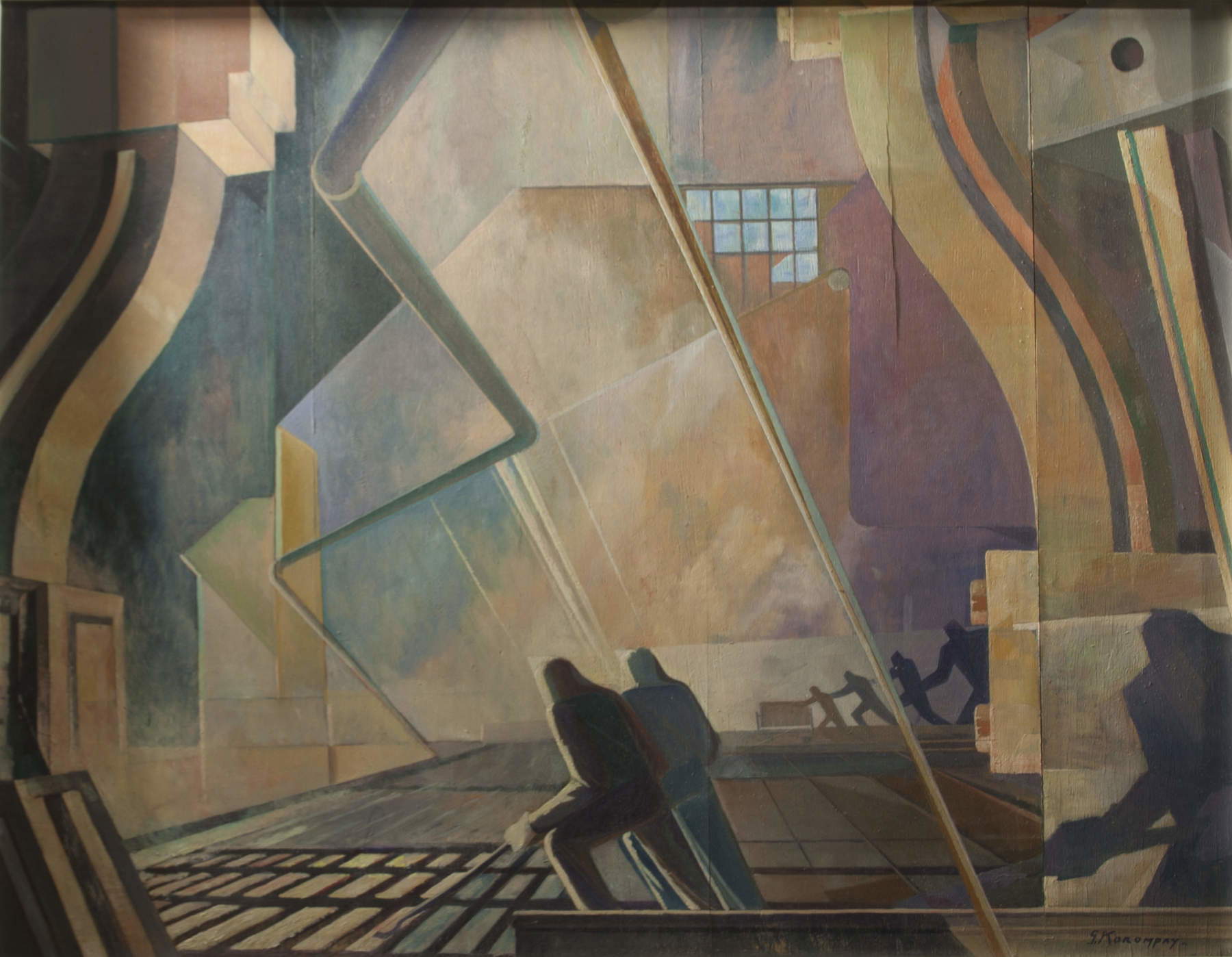 Giovanni Korompay, Ombre meccanizzate uomini = tenaglia (Officina) (1943; olio su tavola; Bologna, Fondazione Massimo e Sonia Cirulli, San Lazzaro di Savena)