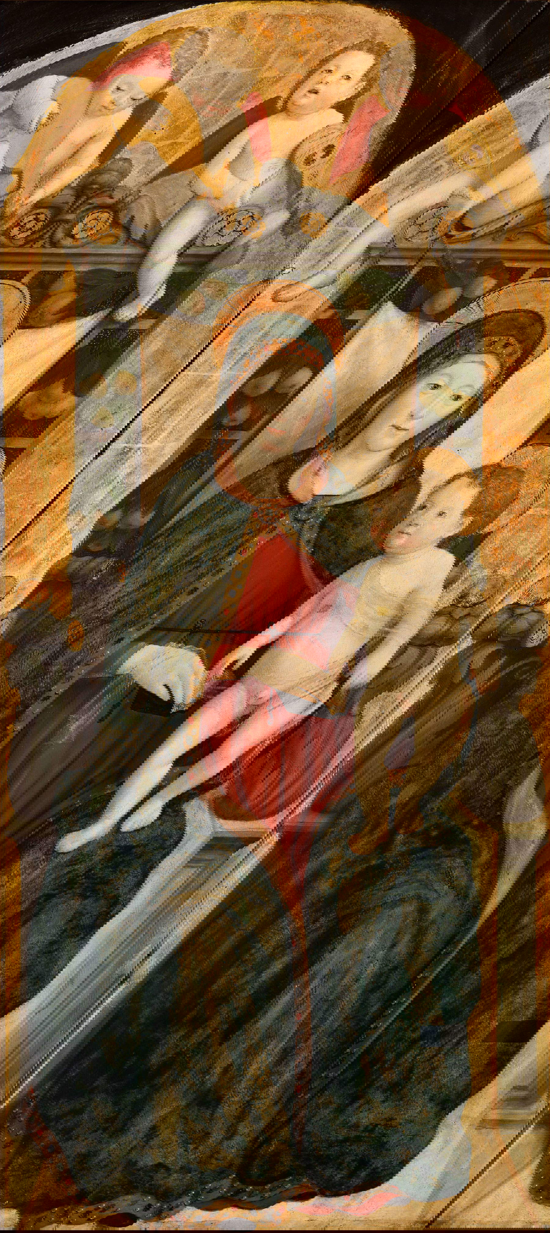 Giovanni Martino Spanzotti, Madonna mit Jesuskind und zwei Engeln (um 1490; Tempera und Öl auf Tafel, 131,5 x 59 cm; Turin, Pinacoteca dell'Accademia Albertina, Inv. 150)