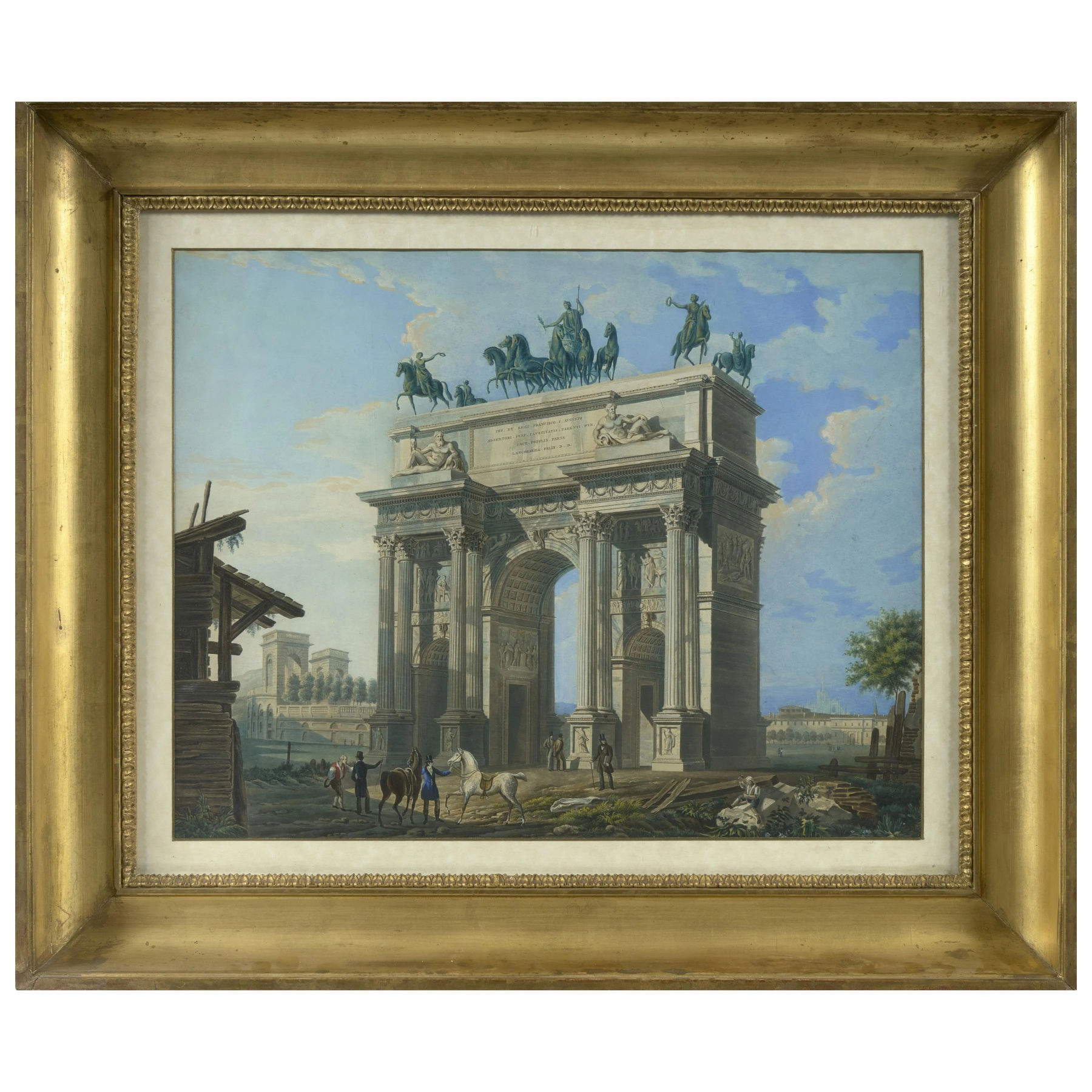 Giovanni Migliara, Arco della Pace con l'Arena sullo sfondo (Inizi XIX secolo; incisione in rame (350 x 450 mm) con coloritura coeva, in passe-partout entro cornice dorata in stile impero; Milano, Pozzi) Foto: Pandolfini