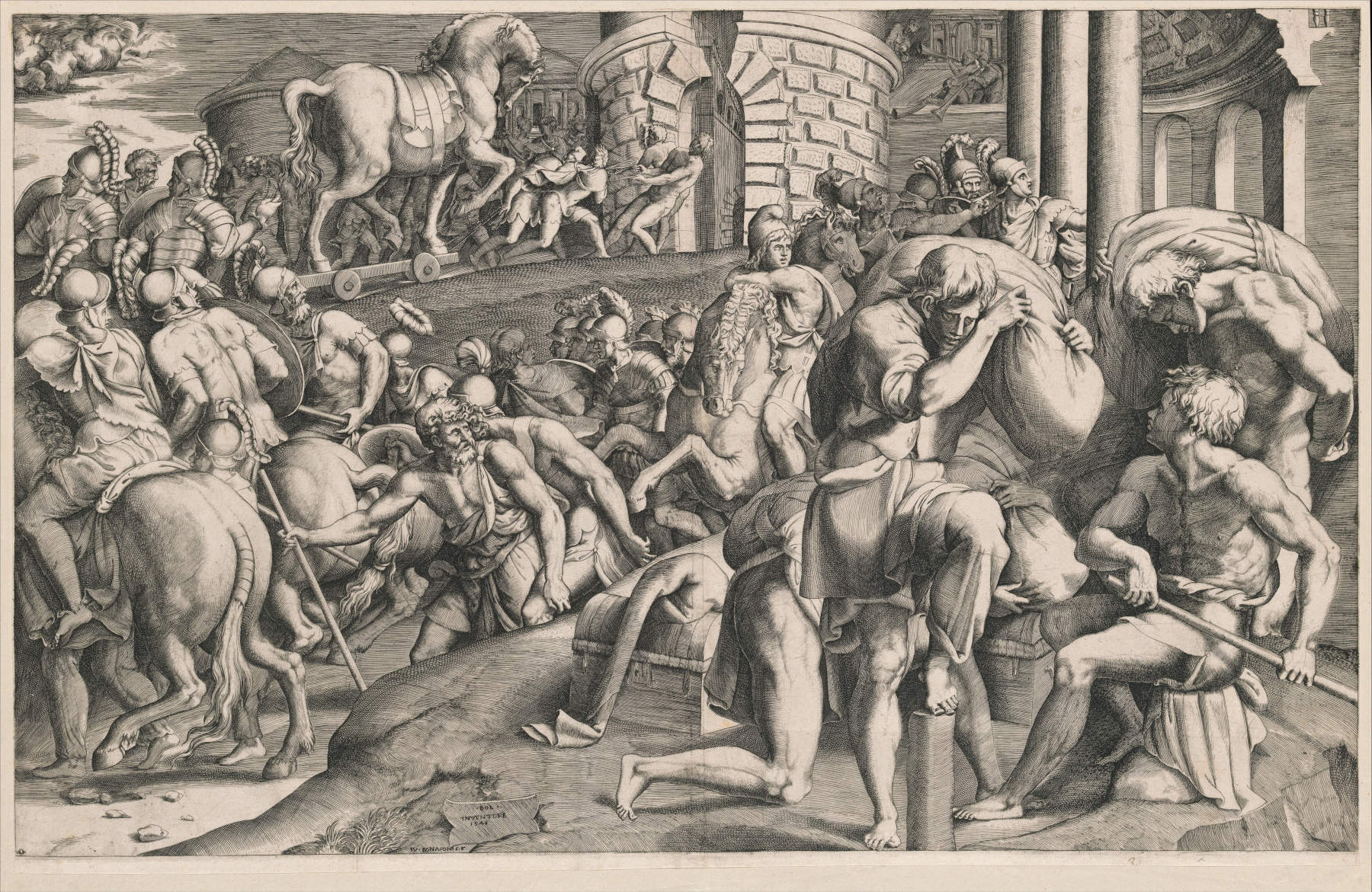Giulio Bonasone, Les Troyens entraînent le cheval de bois &agrave; l'intérieur de la ville (1545 ; gravure, 40,7 x 63,8 cm ; New York, The Metropolitan Museum of Art). Photo : The Metropolitan Museum of Art