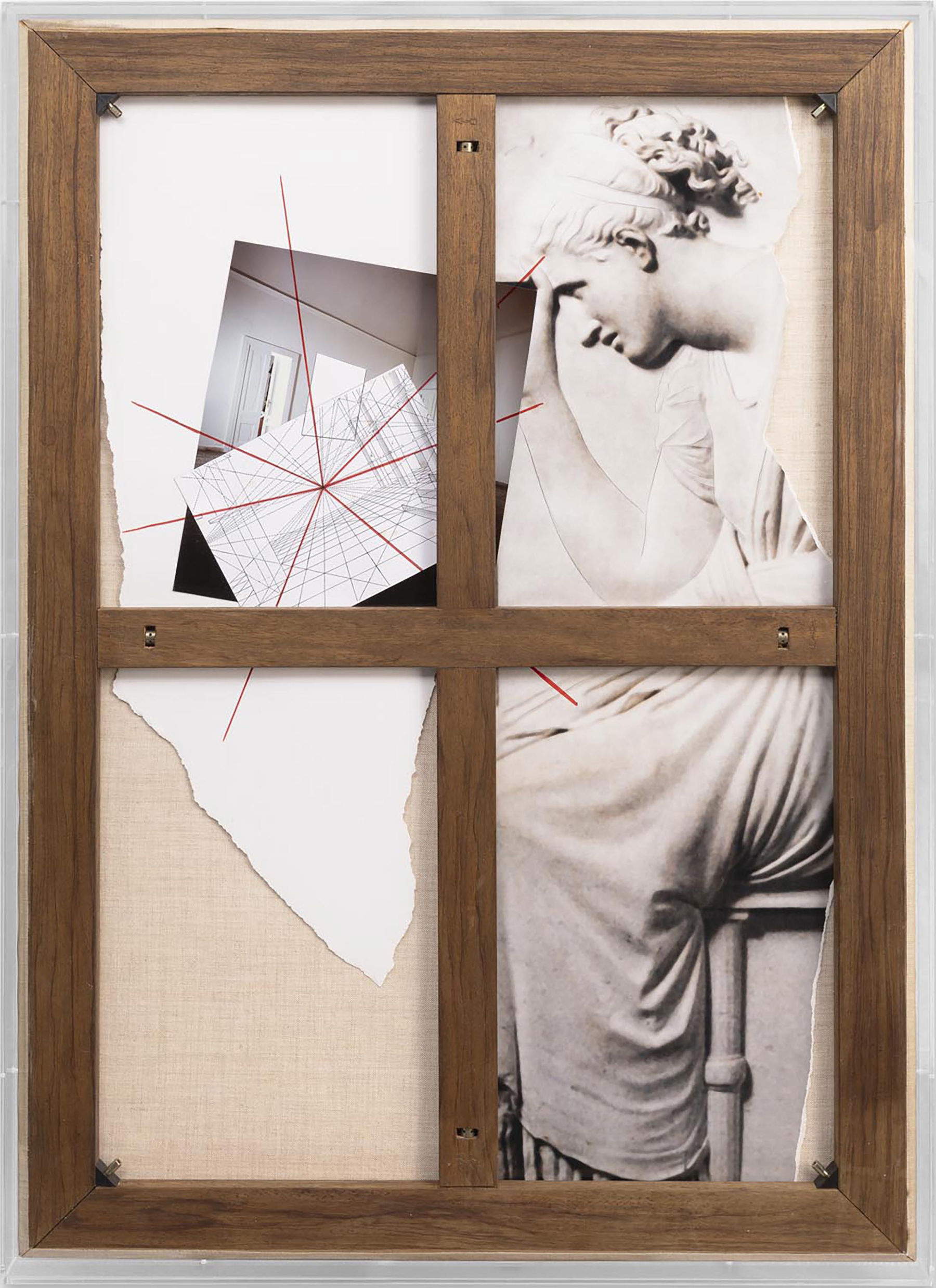 Giulio Paolini, Detail of the installation Ariadne (2025; ink, pencil and collage on inverted canvas and plexiglass on easel, digital print on acrylic fabric, 129x93 cm) Courtesy of Fondazione Giulio and Anna Paolini and Galleria Christian Stein, Milan. Photo: Luca Vianello